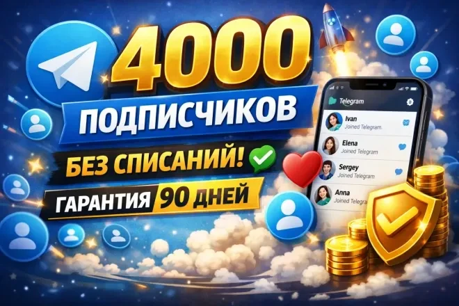 4000 подписчиков Telegram. Без списаний. Гарантия 90 дней