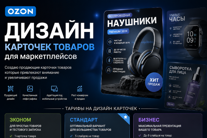 Дизайн карточек для ОЗОН. 
Стоимость-500₽. СКИДКА 50%