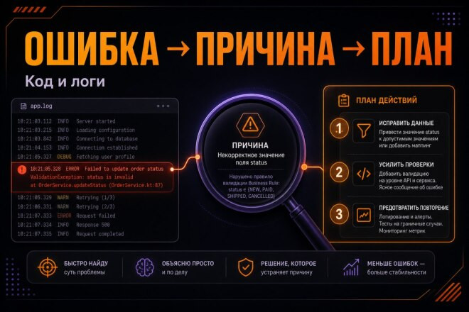 Найду причину ошибки по коду и логам и подготовлю план