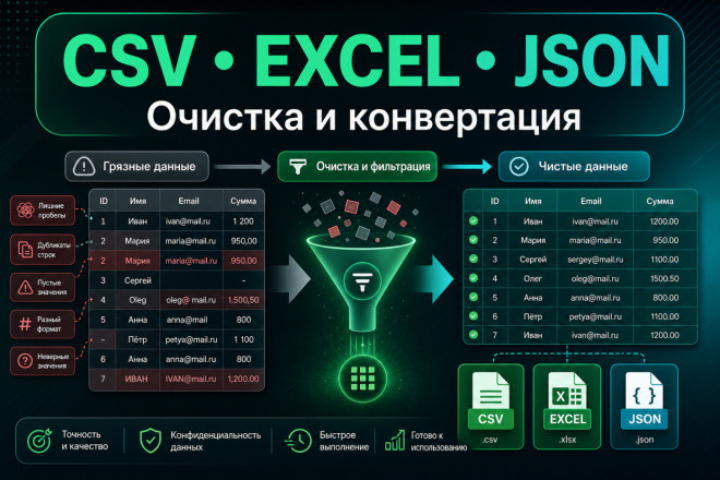 Преобразую и очищу данные CSV, Excel, JSON или XML